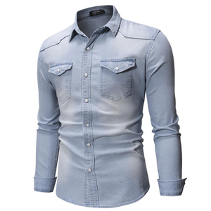 Chemise polo en denim à manches longues pour homme, décontractée, respirante, col montant, design simple - Product Image 2