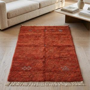 Premium Rust Red Hand Knotted Wool Area Rug Minimalist Floral Flat Pile Luxury Decorative Carpet with Fringe Tassels - Product Image 1