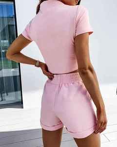 Nouveautés, ensemble d'été pour femmes, col rond, couleur unie, tissu confortable de haute qualité, manches courtes, logo de la marque - Product Image 2
