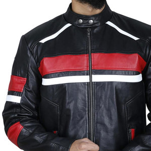 Blouson moto en cuir pour homme, noir, rouge et blanc, à blocs de couleur, col montant, fermeture éclair, manches classiques, en vente - Product Image 3