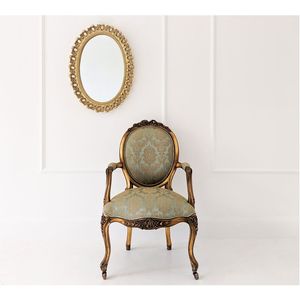 Sillón de comedor antiguo dorado, sillón de lactancia estilo francés con hojas de oro, hecho de madera de caoba y tapicería de tela. - Product Image 6