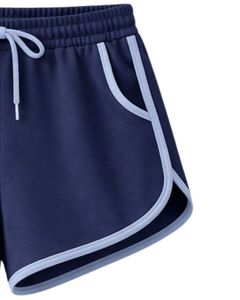 Shorts de détente pour femmes bleu marine, taille élastique, cordon de serrage, bordure contrastée, coton doux et polyester, vêtements de nuit décontractés, shorts confortables d'été - Product Image 3