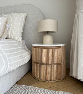<b>Oak</b> Modern Fluted Round Nightstand Solid Wood <b>Bedside</b> <b>Table</b> Two Drawer End <b>Table</b> Bedroom Furniture for Hotel - Product Image 1