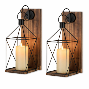 Ensemble de appliques murales lanterne en bois et métal style ferme, cadre géométrique, style rustique, construction robuste, décoration intérieure chaleureuse et confortable - Product Image 1