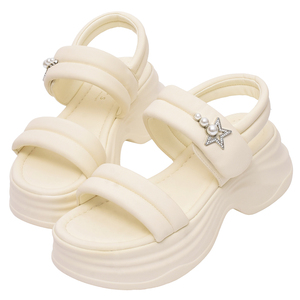 Sandales à plateforme blanches Ann'S avec talon épais, décoration étoile en perles et strass, bout ouvert, lanières en PU, pour l'été - Product Image 1