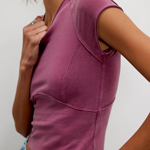 Custom Logo Ladies Purple Cap Sleeve Crop <b>Top</b> Slim Fit O-Neck Knitted Polyester Exposed Seam Casual Spring Summer Breathable Tee - Product Image 3