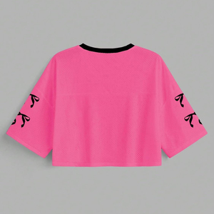 Ballet Football Women's Black <b>Mesh</b> <b>Crop</b> <b>Top</b> V-Neck Short Sleeve Loose Fit Sporty Style Number 07 Pink Print - Product Image 5