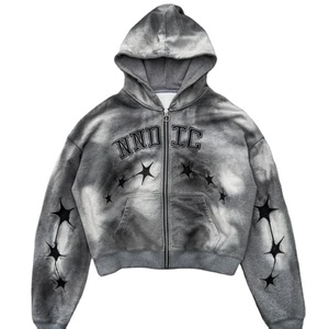 Sweat à capuche zippé oversize respirant en molleton bouclette polyester/coton 2025 avec imprimé numérique, broderie et délavage acide pour l'hiver - Product Image 1