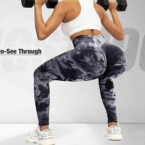 High Waist Printed <b>Leggings</b> Full Length Push Up Sporty Yoga Pants Black Gray Tie Dye Pattern <b>Seamless</b> - Product Image 2