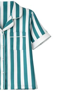 Conjunto de pijama para mujer a rayas azul verdoso y blanco, de manga corta, con botones, de satén, de dos piezas, para dormir y descansar. - Product Image 3