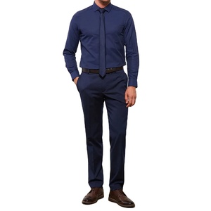 Camisa formal ajustada para hombre azul marino transpirable dobby tela algodón poliéster mezcla ropa de oficina cuello OEM proveedor a granel - Product Image 6