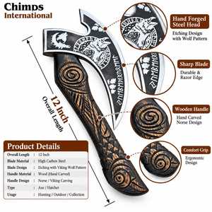 Hacha Vikinga Hecha a Mano, Hoja de Acero con Alto Contenido de Carbono, Mango de Madera Tallada, Decoración Nórdica Huginn Muninn |   Cortador de Pizza en Forma de Hacha - Product Image 3