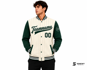 SINEWY SPORTS <b>Men's</b> Pinstripe Varsity <b>Jacket</b> Custom Name Number Green Cream <b>Baseball</b> Style Sporty Outerwear Autumn Wear - Product Image 5