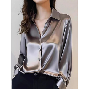 เสื้อเชิ้ตผ้าซาตินเงา แขนยาว ปกคอปก ติดกระดุม สไตล์ลำลอง ใส่สบายสำหรับผู้หญิง ขายดี - Product Image 3