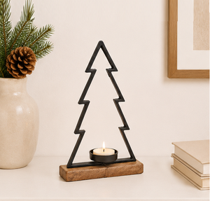 Handmade Metal Christmas Tree Candle Holder With Natural Mango Wood Base Modern Rustic Iron <b>Tea</b> Light <b>Stand</b> For Holiday Home - Product Image 6