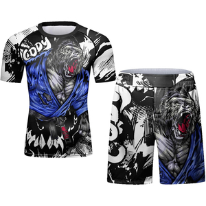 Men's Black White Skull Print Rash Guard Set Short Sleeve Quick Dry <b>Athletic</b> Training Kit Sublimation Printed Sport Wear - Product Image 3