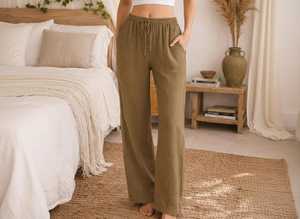 Women's Mid Waist Wide Leg Corduroy <b>Pants</b> 100% Cotton Loose Fit Drawstring Solid Color With Pockets Casual Style - Product Image 6
