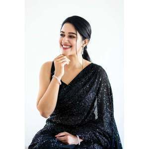 Saree de ropa de fiesta para mujer de diseñador con borde de tubería y trabajo de secuencia - Product Image 2