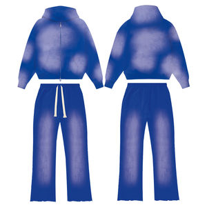 Ensemble de jogging 2 pièces personnalisé avec logo, sweat à capuche et pantalon 100 % coton, imprimé délavé vintage, sweat à capuche entièrement zippé et pantalon évasé - Product Image 3