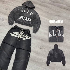 Street Wear <b>Rhinestones</b> Embroidery Soft Cotton Acid Washed Zip Up Cropped <b>Hoodie</b> Men's Personalized Design <b>Hoodie</b> Hip hop - Product Image 3