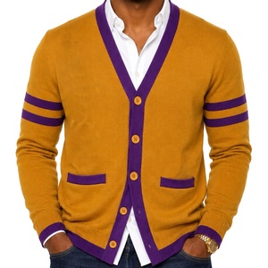 University Men's Purple Yellow Color Block Knitted Cardigan Sweater V Neck Button Up <b>Long</b> <b>Sleeve</b> Winter <b>Top</b> - Product Image 6