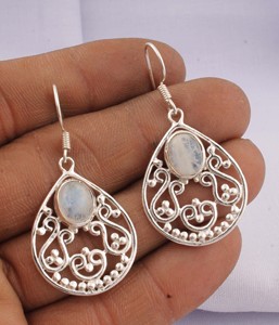 Wholesale 925 Sterling Silver Natural <b>Rainbow</b> Moonstone Gemstone Vintage Engagement Teardrop Filigree Wire Wrap Dangle Earrings - Product Image 2