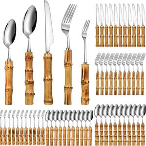 Juego de Cubiertos Clásicos de Acero Inoxidable con Mango de Bambú, Plateados y con Acabado Espejo, Multifuncionales, para Servir, para Comedor y Hotel - Product Image 1