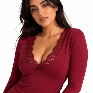 Trendy Oversized Spandex V-Neck Sweatshirts With Heavyweight Long Sleeve Pullover Cotton <b>Burgundy</b> Tee For women Hoodies USA - Product Image 2