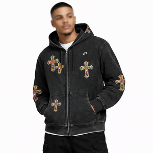 Sudadera con capucha vintage con cremallera y apliques de diamantes de imitación, de algodón polar, para hombre, fabricación de calidad de exportación para compradores globales - Product Image 1