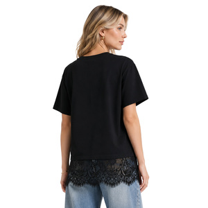 New Design women's shirt Lace Trim Hem Short Sleeve Tshirt Drop Shoulder Solid Chic Custom Branding DTG 100% Cotton Wear Stylish - Product Image 2