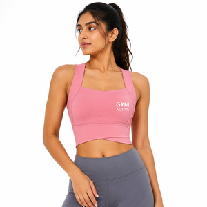 Women's <b>Pink</b> Sports Bra High Waist Leggings <b>Set</b> Crisscross Straps High Support Front Seamless Custom <b>Gym</b> Activewear Yoga Workout - Product Image 1