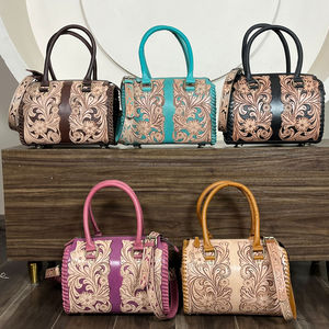 Hot Selling Personalized Western Floral Carved Leather Satchel Hand Tooled Cowgirl Weekender Medium Genuine Zipper <b>Duffel</b> <b>Bags</b> - Product Image 5