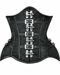 Corset en similicuir noir personnalisable OEM avec broderie florale noire, fermoir avant argenté et boucles latérales en acier – Vente en gros - Product Image 2
