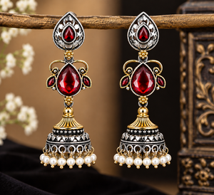 Boucles d'oreilles pendantes Jhumka en laiton plaqué or et argent antique, bicolores oxydés, style indien bohème, avec serti clochette, pour mariage, vente en gros - Product Image 5