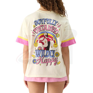 Camiseta de Moda para Mujer, Color Crema, con Estampado de Logotipo de Bicicleta de Dibujos Animados, Puños Rosados, Corte Holgado, Cuello Redondo, Manga Corta, Informal, para Primavera/Verano - Product Image 3