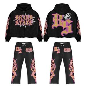 Survêtement d'hiver grande taille de qualité supérieure avec veste zippée décorée de strass et pantalon à rayures latérales, personnalisable - Product Image 1