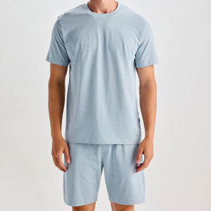 Conjunto de Camiseta y Pantalones Cortos de Algodón Azul Claro para Hombre, Conjunto Informal Transpirable de Punto de Color Sólido, Manga Corta, Conjunto de Pantalones Cortos para Hombre 2026 - Product Image 1