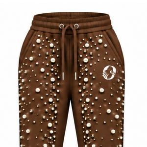 Custom Brown Pearl Beaded Jogger Pants Women Luxury Pearl Embellished Drawstring Sweatpants Casual Streetwear <b>Fleece</b> <b>Trousers</b> - Product Image 3