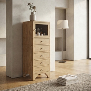 Solid Wood Storage Drawer <b>Cabinet</b> Modern Rustic Glass Door 5 Drawer Chest Natural Teak Style Wooden Drawers Carts Furniture - Product Image 4