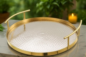 Round Champagne Gold Metal <b>Storage</b> <b>Tray</b> With Hammered Aluminum Surface And Polished Steel Rim For Table Use - Product Image 4