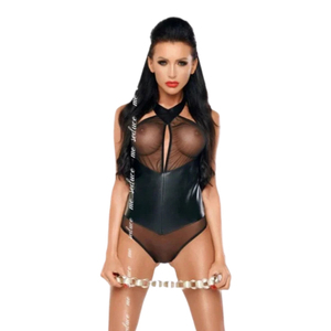 Women's Black PU Leather Bodysuit with Mesh See Through Hollow Out Design Rhinestone <b>Sequined</b> Sexy Lingerie Top for Night Club - Product Image 5