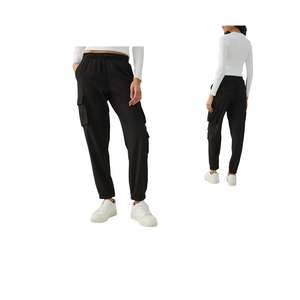 Pantalon cargo noir pour femme, taille haute élastique, style streetwear décontracté, coupe fuselée avec poches, vente en gros OEM - Product Image 1
