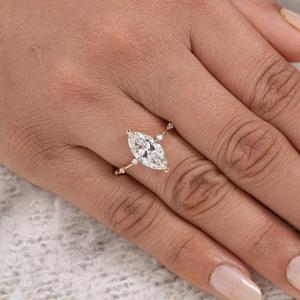Solid Yellow Gold Marquise Cut Diamond <b>Ring</b> East West Prong Setting Simple Thin Band Modern Style <b>Plain</b> Solitaire Jewelry Gift - Product Image 1
