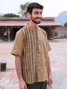 Handmade Men Cotton Kurta <b>Shirt</b> with Tribal Print Panel <b>Half</b> Sleeve Ethnic Tunic for Casual Festive Wear - Product Image 1