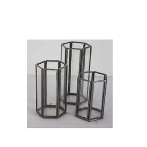 Antique Brass Finished Brass and Glass Votive Hexagon <b>Lantern</b> in Three Sizes Tea Light Candle Holder for Home Decor - Product Image 2