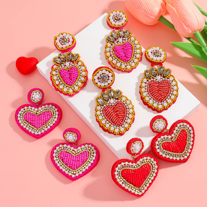 Valentine's Day <b>Pink</b> Seed Beads <b>Braided</b> Drop Earrings Female Cute Heart Shape Crystal Handmade Beaded Earrings for Women - Product Image 4