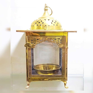 <b>Brass</b> Glass Temple Shape House Frame Akhand Jyoti Diya <b>Lantern</b> Stand for Home, available at wholesale prices. - Product Image 1