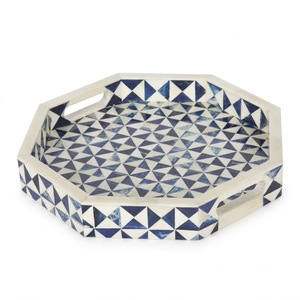 Plateau de service artisanal en os incrusté, mosaïque de luxe, vaisselle décorative, motif chevron bleu turquoise, plateau ottoman pour usage domestique - Product Image 3