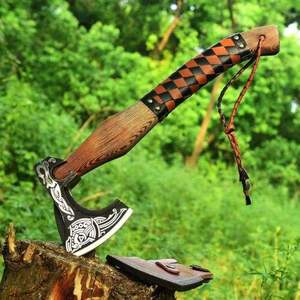 Hand Forged High Carbon Steel Builder's Hatchet Custom OEM <b>Wood</b> Leather Wrap Handle Bearded Head <b>Axe</b> with Leather Sheath - Product Image 1