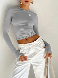 Women's Gray Long <b>Sleeve</b> <b>Crop</b> <b>Top</b> Crew Neck Slim Fit Knitted Spandex Polyester Minimalist Solid Logo Design All Seasons - Product Image 3
